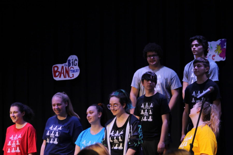 A group of choir members during the performance of Friends Forever Medley.  Top row, Landon McClanahand (9) and Brennon Hunt (10), below them Jackson Sutton (9) and Leif Olson (9), bottom row are seniors Bittany Easley, Elizabeth Dane, Jayda Saffel, Atira Williams, and Abigail Stacy.