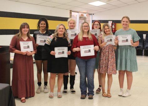 The FCCLA members with their community service awards.
Pictured from left to right:
Mattie Sitze (11), Ashley Avalos (11), Madison Holland (12), Ava Kemp (11), Brianna Robinson (12), Nakota Saphian (9), Kaylee Wagganer (11), and Ella Clauser (10)