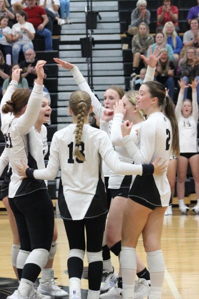 The Lady Cats celebrate after making a point in their game against Crystal City.
