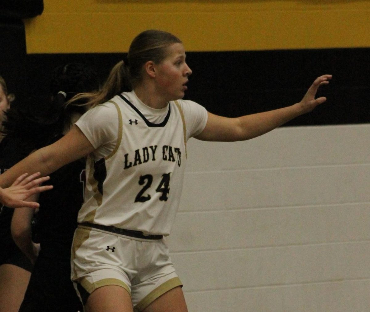 Lauren Hale looking around the court for her next play against Bismarck.